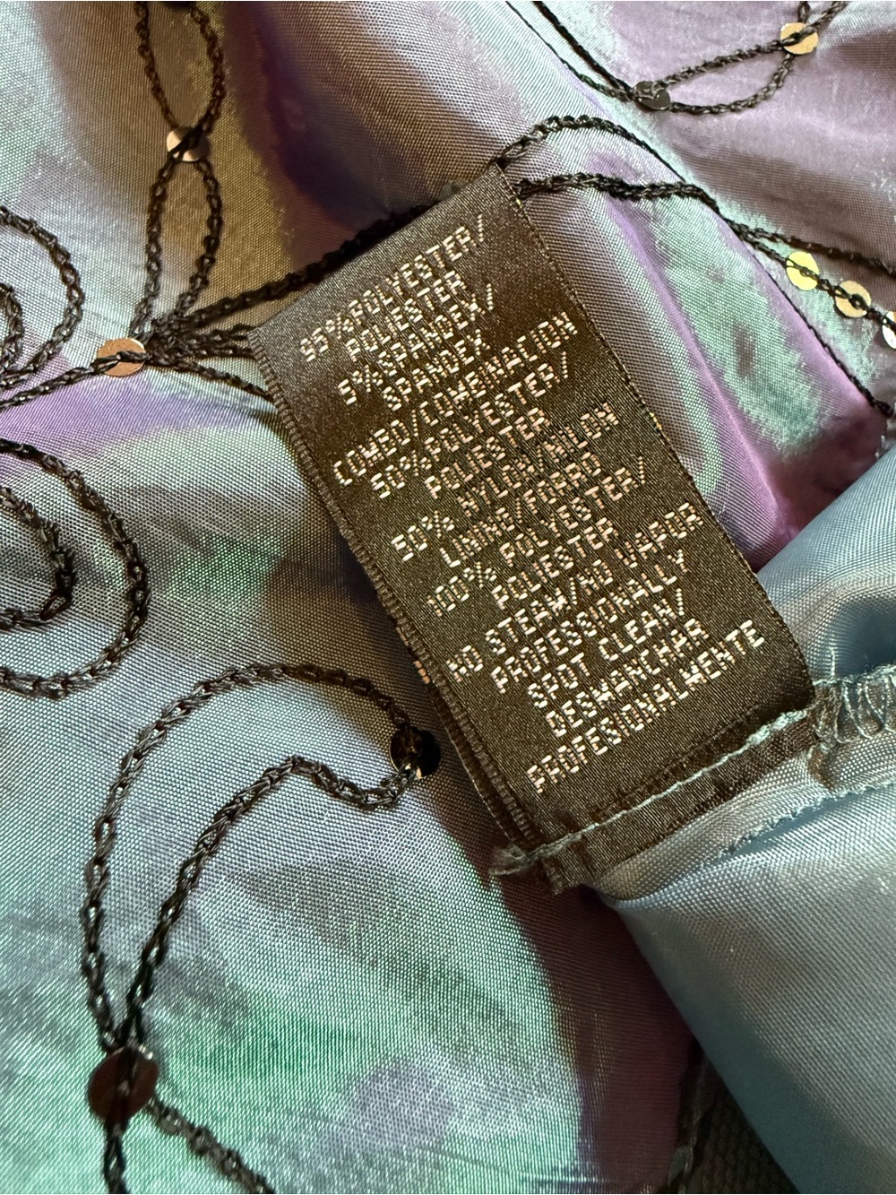 Vtg  S.L. Fashions Iridescent Sage Green, Purple, And Blue Floral V Neck Dress - Picture 8 of 8
